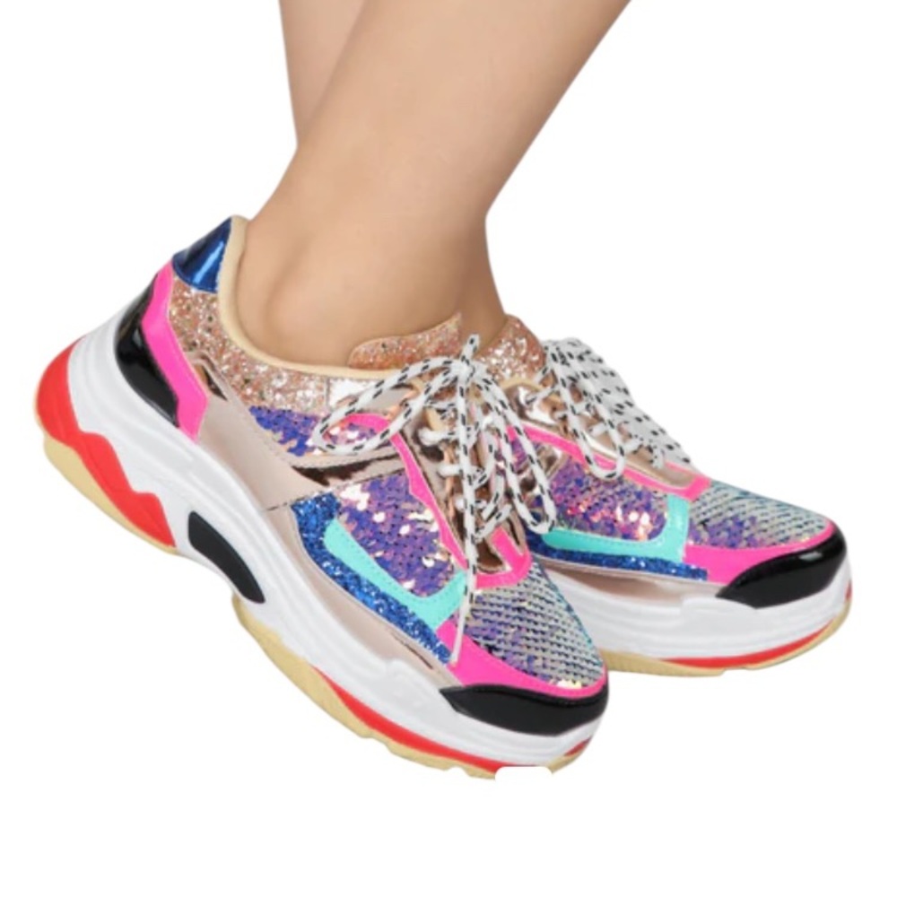 Pink,Gold Multi colored,Chunky Sneakers,shoes,sequins throughout, Size 7, New - Picture 6 of 10